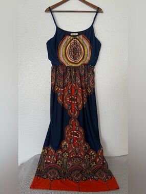 Arden B Navy Maxi Dress with Red & Yellow Paisley Print Sz M